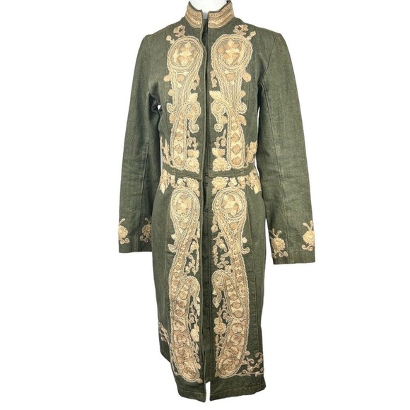 Plenty Tracy Reese Anthropologie Olive Green Embroidered Long Denim Nehru Jacket - Picture 2 of 16